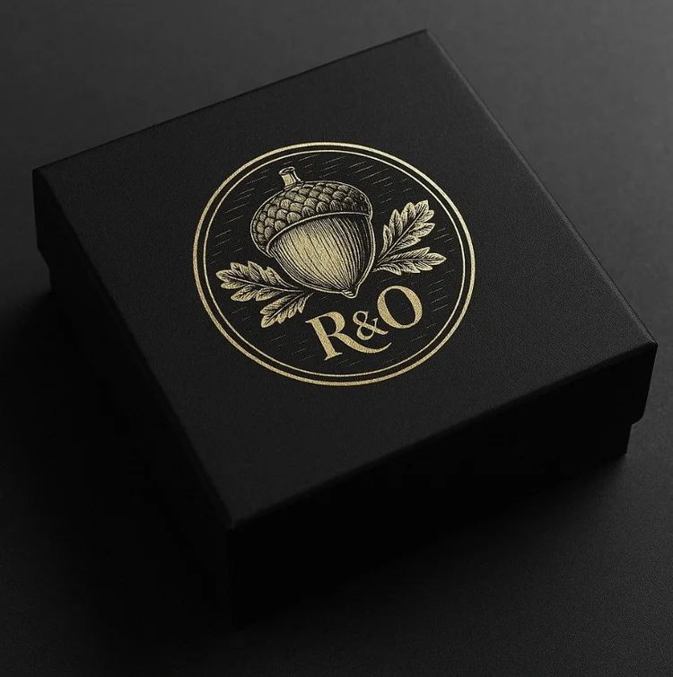 A black box with a gold emblem featuring an acorn and leaves, and the letters R&O.